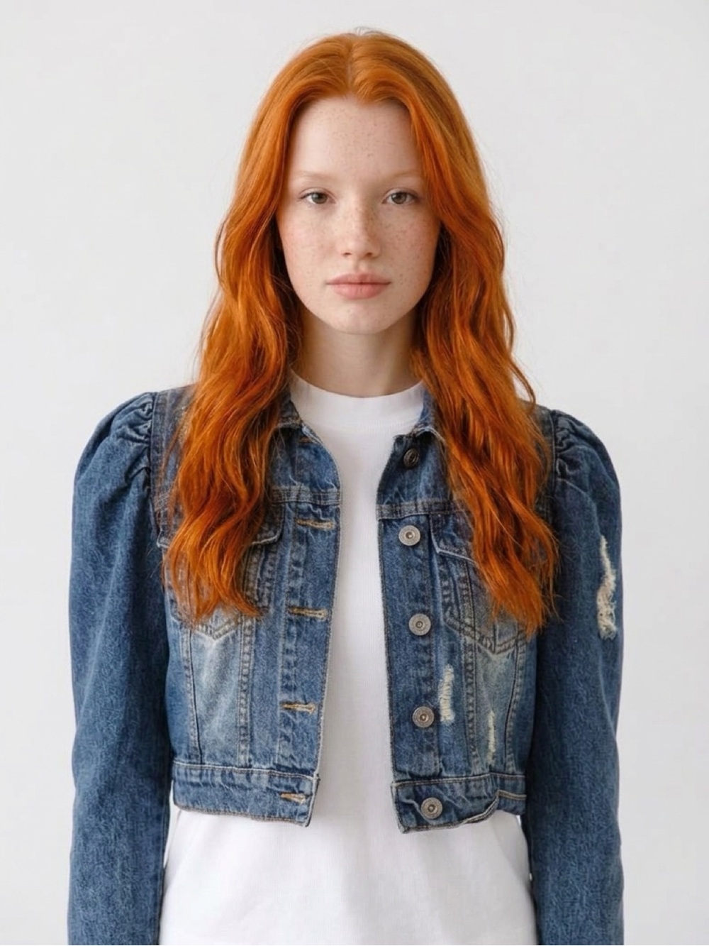 Cropped Puff-Sleeve Denim Jacket - Blue